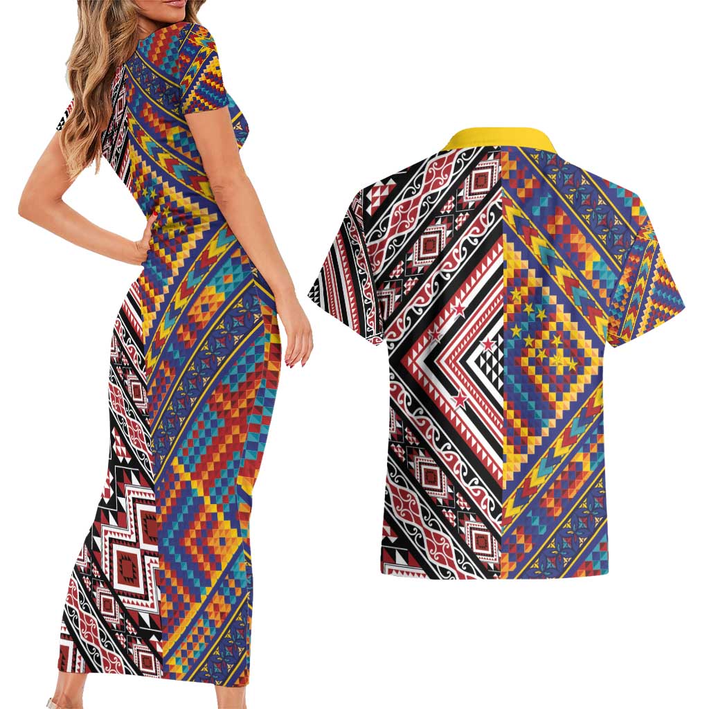 Tuvaluan and New Zealand Culture Couples Matching Short Sleeve Bodycon Dress and Hawaiian Shirt The Art of Kolose and Taniko LT03 - Polynesian Pride