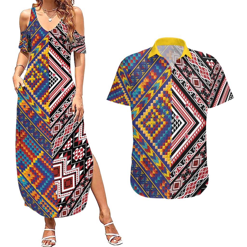 Tuvaluan and New Zealand Culture Couples Matching Summer Maxi Dress and Hawaiian Shirt The Art of Kolose and Taniko LT03 Navy - Polynesian Pride