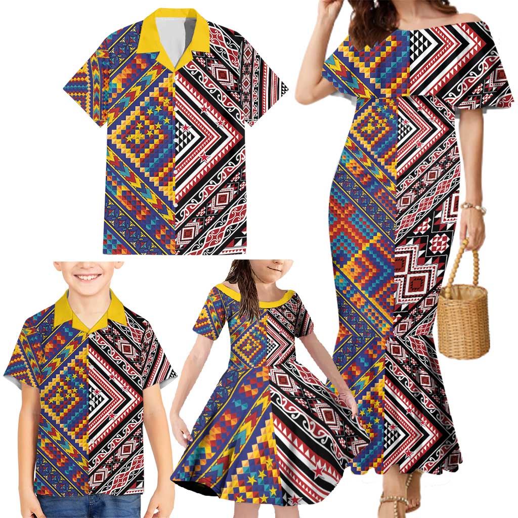 Tuvaluan and New Zealand Culture Family Matching Mermaid Dress and Hawaiian Shirt The Art of Kolose and Taniko - Polynesian Pride