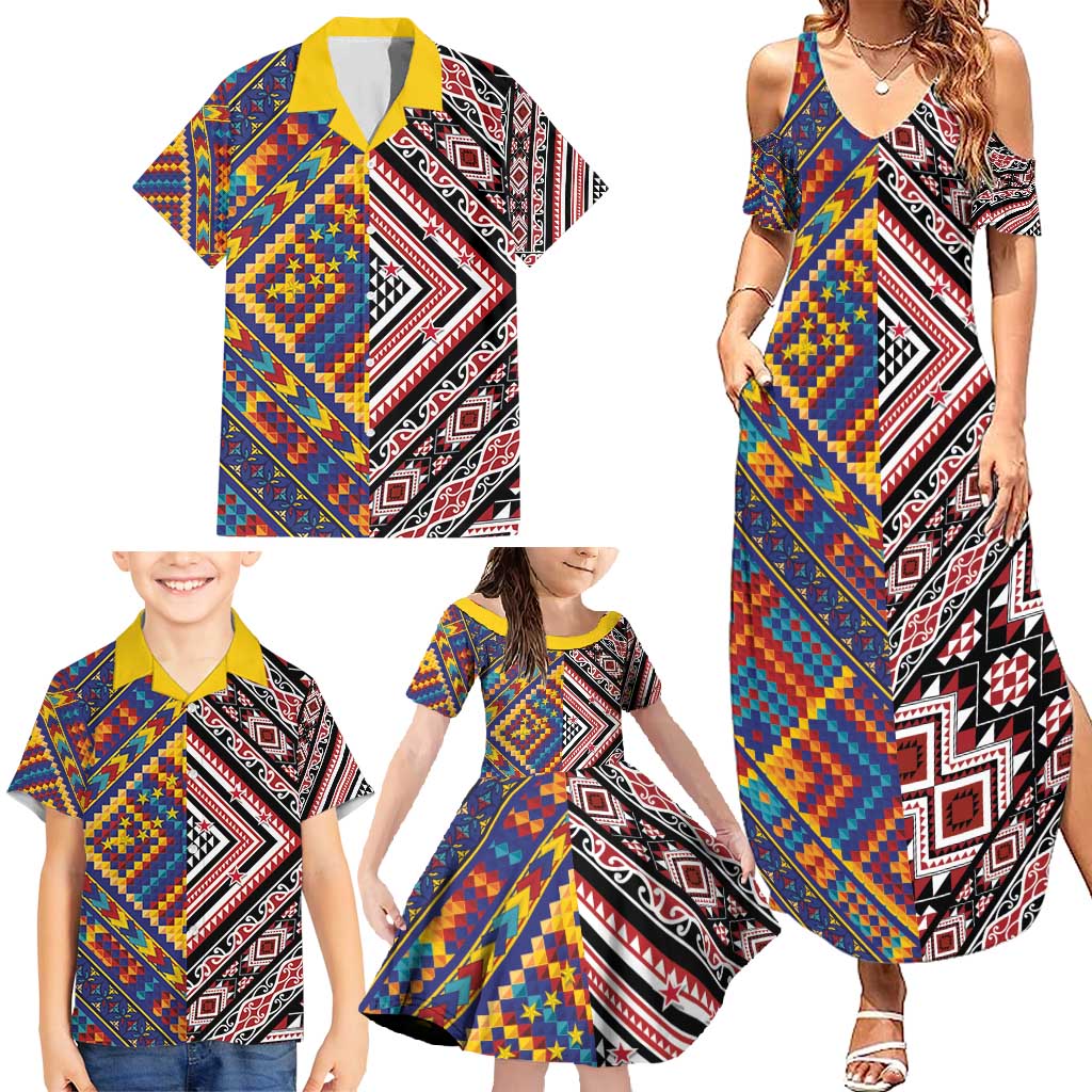 Tuvaluan and New Zealand Culture Family Matching Summer Maxi Dress and Hawaiian Shirt The Art of Kolose and Taniko - Polynesian Pride