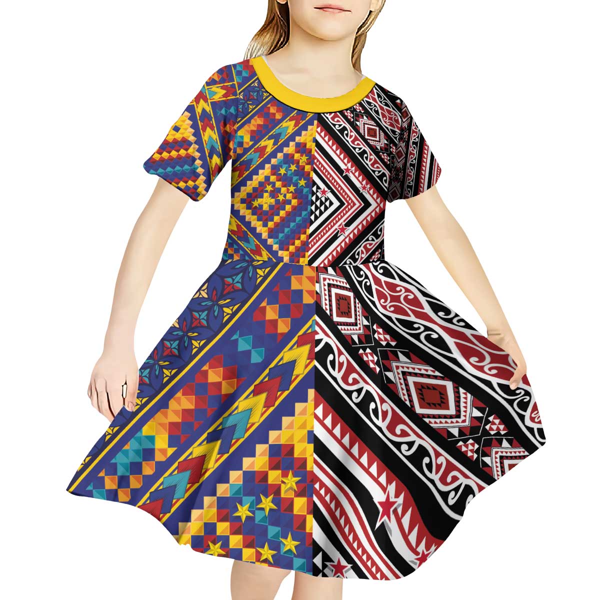 Tuvaluan and New Zealand Culture Kid Short Sleeve Dress The Art of Kolose and Taniko - Polynesian Pride