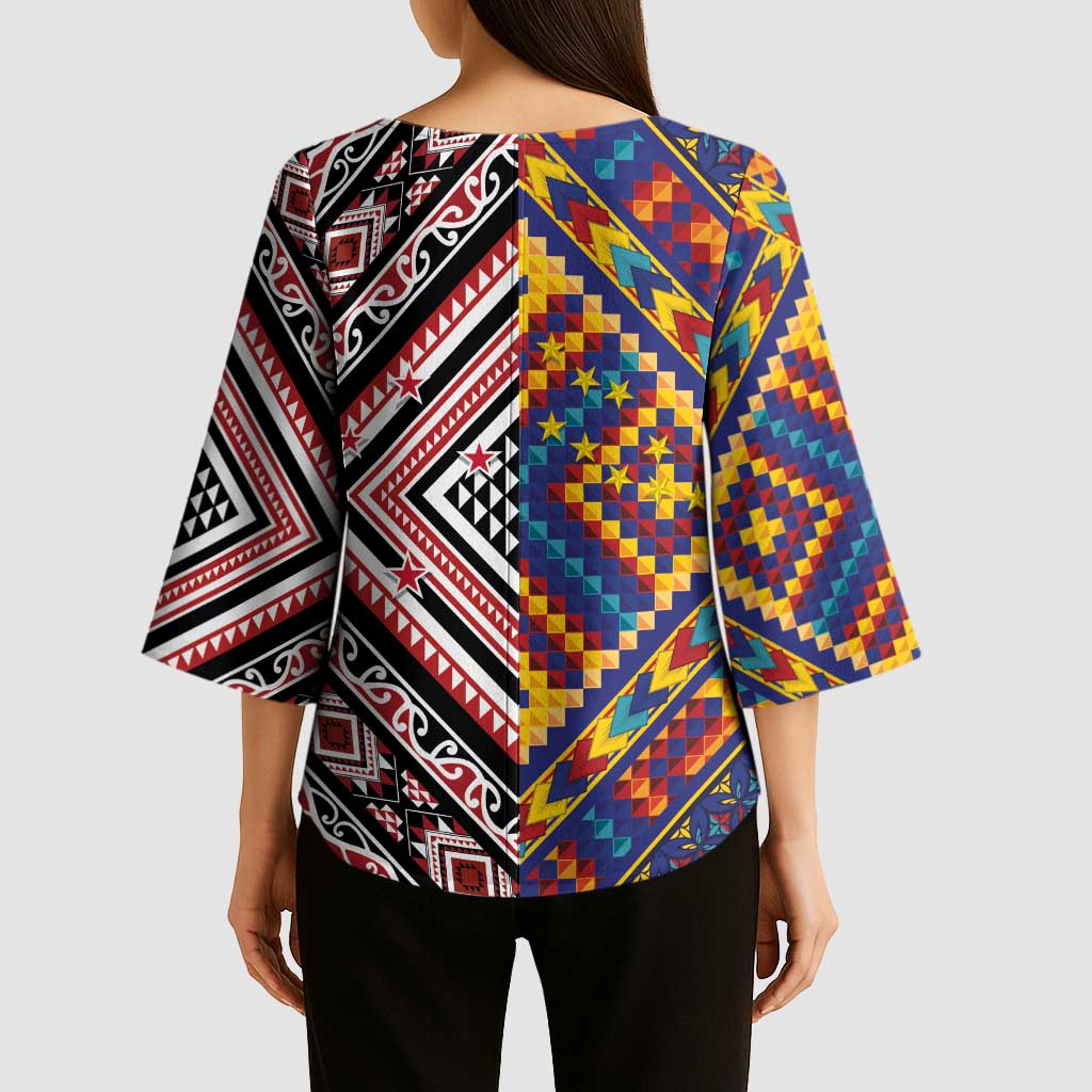 Tuvaluan and New Zealand Culture Kimono Sleeve Blouse The Art of Kolose and Taniko - Polynesian Pride