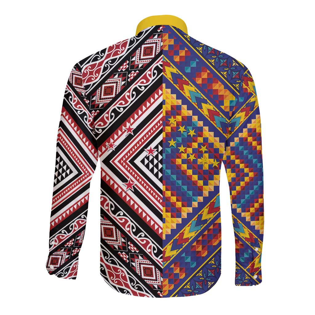 Tuvaluan and New Zealand Culture Long Sleeve Button Shirt The Art of Kolose and Taniko - Polynesian Pride