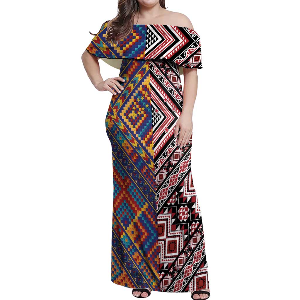 Tuvaluan and New Zealand Culture Off Shoulder Maxi Dress The Art of Kolose and Taniko LT03 Women Navy - Polynesian Pride