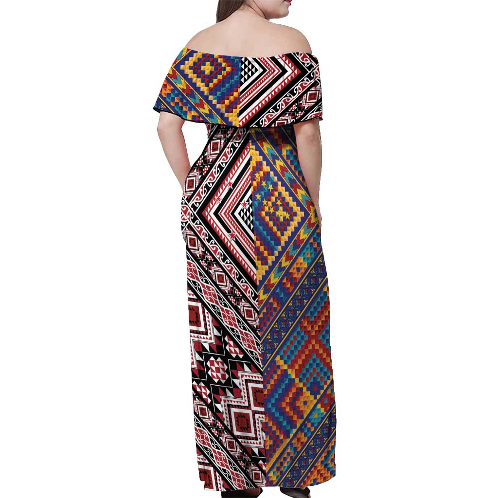 Tuvaluan and New Zealand Culture Off Shoulder Maxi Dress The Art of Kolose and Taniko LT03 - Polynesian Pride