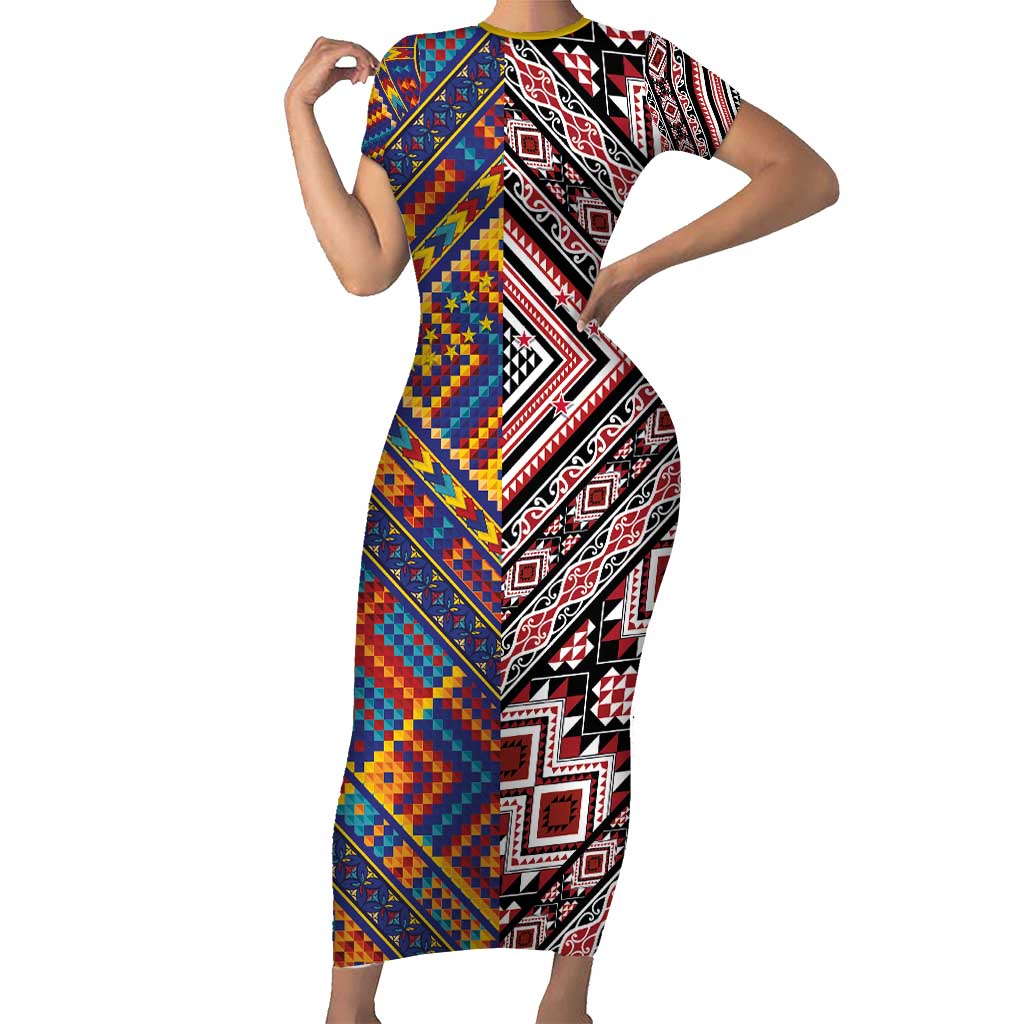 Tuvaluan and New Zealand Culture Short Sleeve Bodycon Dress The Art of Kolose and Taniko - Polynesian Pride
