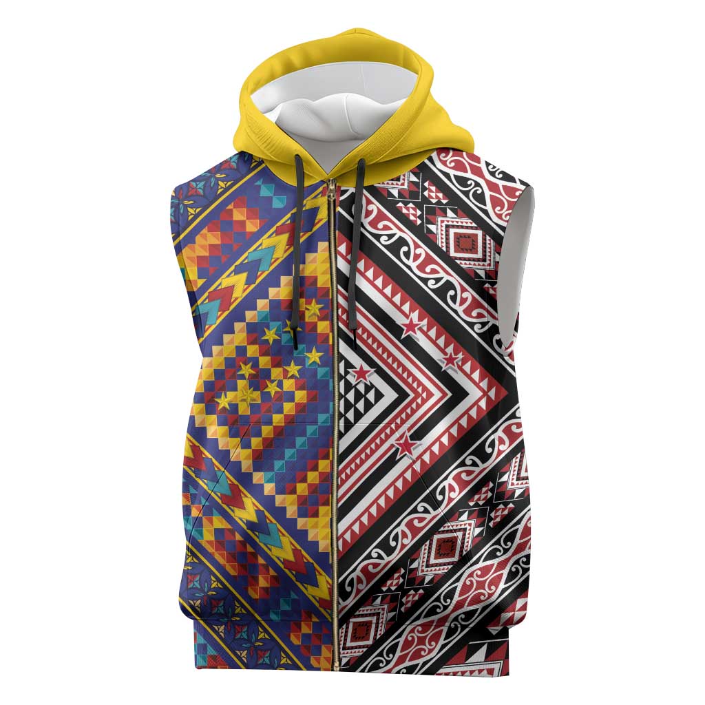 Tuvaluan and New Zealand Culture Sleeveless Zip Hoodie The Art of Kolose and Taniko - Polynesian Pride