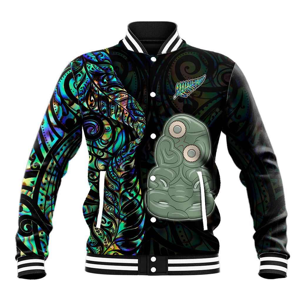 New Zealand Baseball Jacket Silver Fern and Hei Tiki with Papua Shell Maori Tribal LT03 Unisex Black - Polynesian Pride