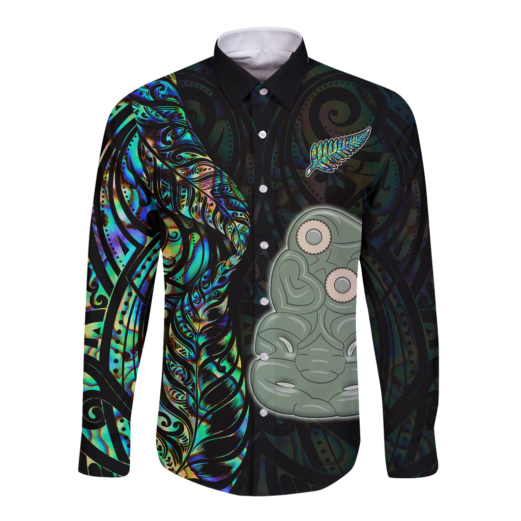 New Zealand Long Sleeve Button Shirt Silver Fern and Hei Tiki with Papua Shell Maori Tribal LT03 Unisex Black - Polynesian Pride