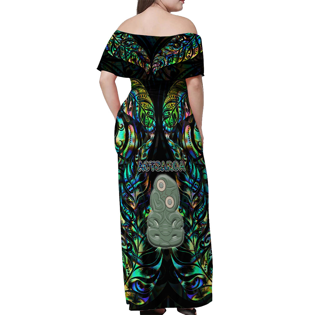New Zealand Off Shoulder Maxi Dress Silver Fern and Hei Tiki with Papua Shell Maori Tribal LT03 - Polynesian Pride