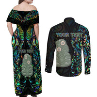 Custom New Zealand Couples Matching Off Shoulder Maxi Dress and Long Sleeve Button Shirts Silver Fern and Hei Tiki with Papua Shell Maori Tribal LT03 - Polynesian Pride