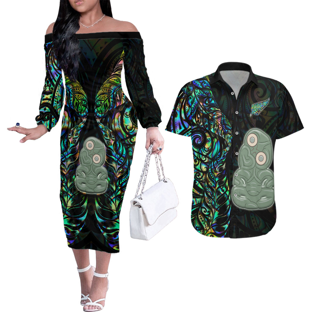 Custom New Zealand Couples Matching Off The Shoulder Long Sleeve Dress and Hawaiian Shirt Silver Fern and Hei Tiki with Papua Shell Maori Tribal LT03 Black - Polynesian Pride