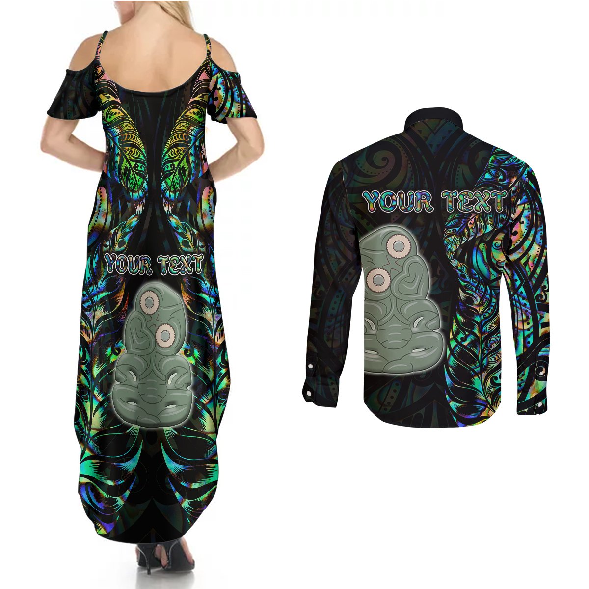Custom New Zealand Couples Matching Summer Maxi Dress and Long Sleeve Button Shirts Silver Fern and Hei Tiki with Papua Shell Maori Tribal LT03 - Polynesian Pride