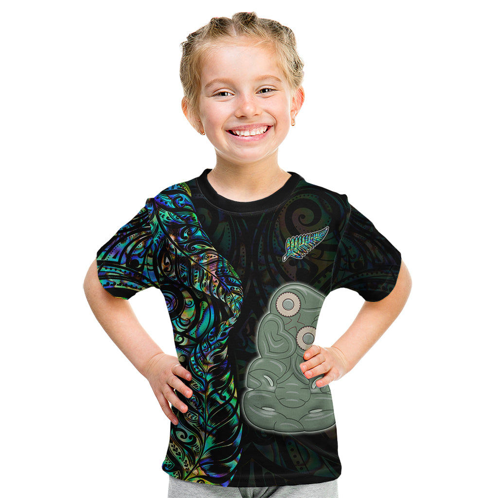 Custom New Zealand Kid T Shirt Silver Fern and Hei Tiki with Papua Shell Maori Tribal LT03 Black - Polynesian Pride