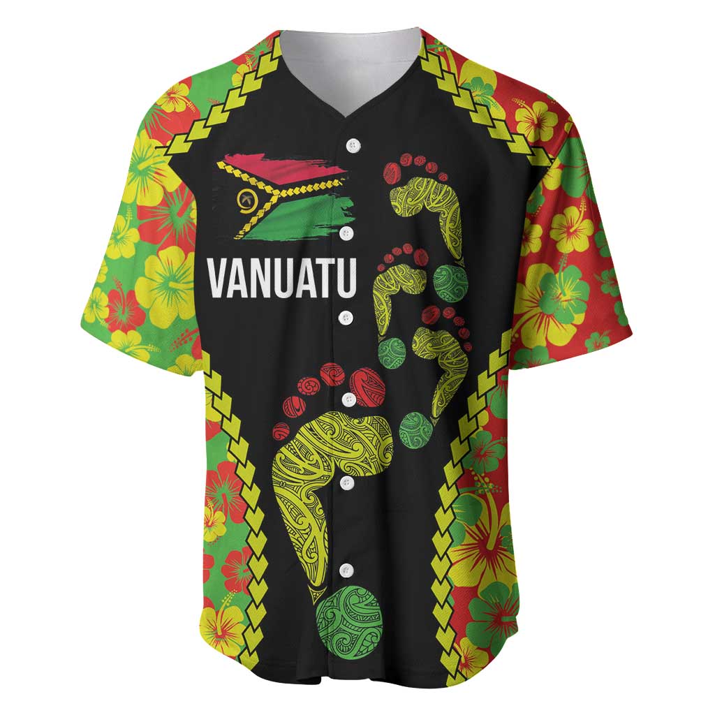 Personalised Vanuatu Running Baseball Jersey Footprint and Hibiscus Polynesian Style LT03 Black - Polynesian Pride