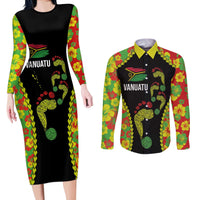 Personalised Vanuatu Running Couples Matching Long Sleeve Bodycon Dress and Long Sleeve Button Shirt Footprint and Hibiscus Polynesian Style LT03 Black - Polynesian Pride