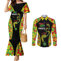 Personalised Vanuatu Running Couples Matching Mermaid Dress and Long Sleeve Button Shirt Footprint and Hibiscus Polynesian Style LT03 Black - Polynesian Pride