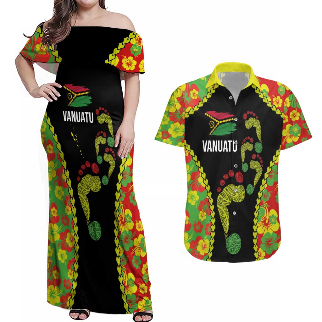 Personalised Vanuatu Running Couples Matching Off Shoulder Maxi Dress and Hawaiian Shirt Footprint and Hibiscus Polynesian Style LT03 Black - Polynesian Pride