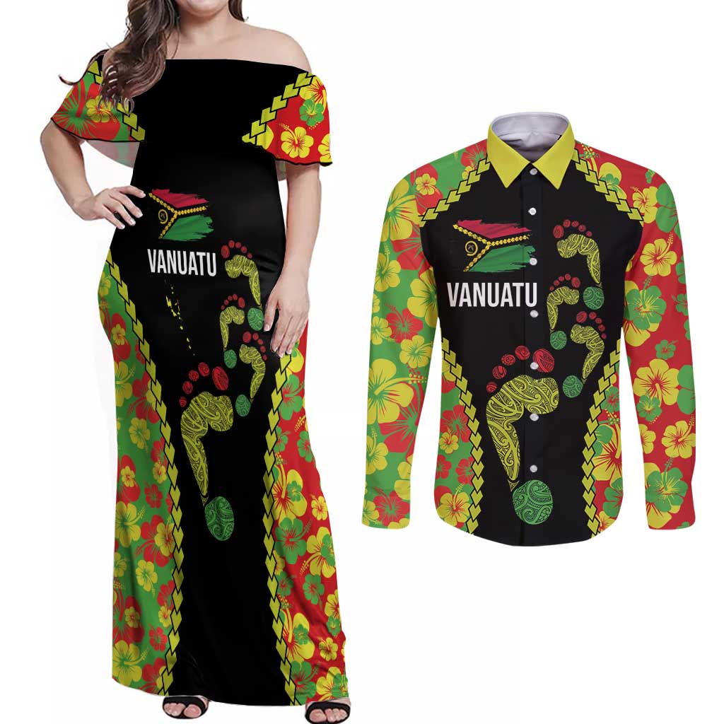 Personalised Vanuatu Running Couples Matching Off Shoulder Maxi Dress and Long Sleeve Button Shirt Footprint and Hibiscus Polynesian Style LT03 Black - Polynesian Pride