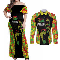 Personalised Vanuatu Running Couples Matching Off Shoulder Maxi Dress and Long Sleeve Button Shirt Footprint and Hibiscus Polynesian Style LT03 Black - Polynesian Pride