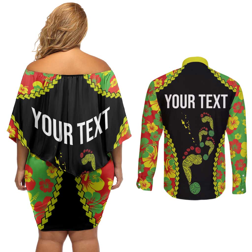 Personalised Vanuatu Running Couples Matching Off Shoulder Short Dress and Long Sleeve Button Shirt Footprint and Hibiscus Polynesian Style LT03 - Polynesian Pride
