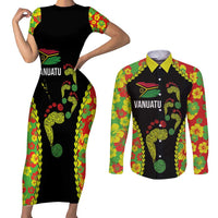 Personalised Vanuatu Running Couples Matching Short Sleeve Bodycon Dress and Long Sleeve Button Shirt Footprint and Hibiscus Polynesian Style LT03 Black - Polynesian Pride