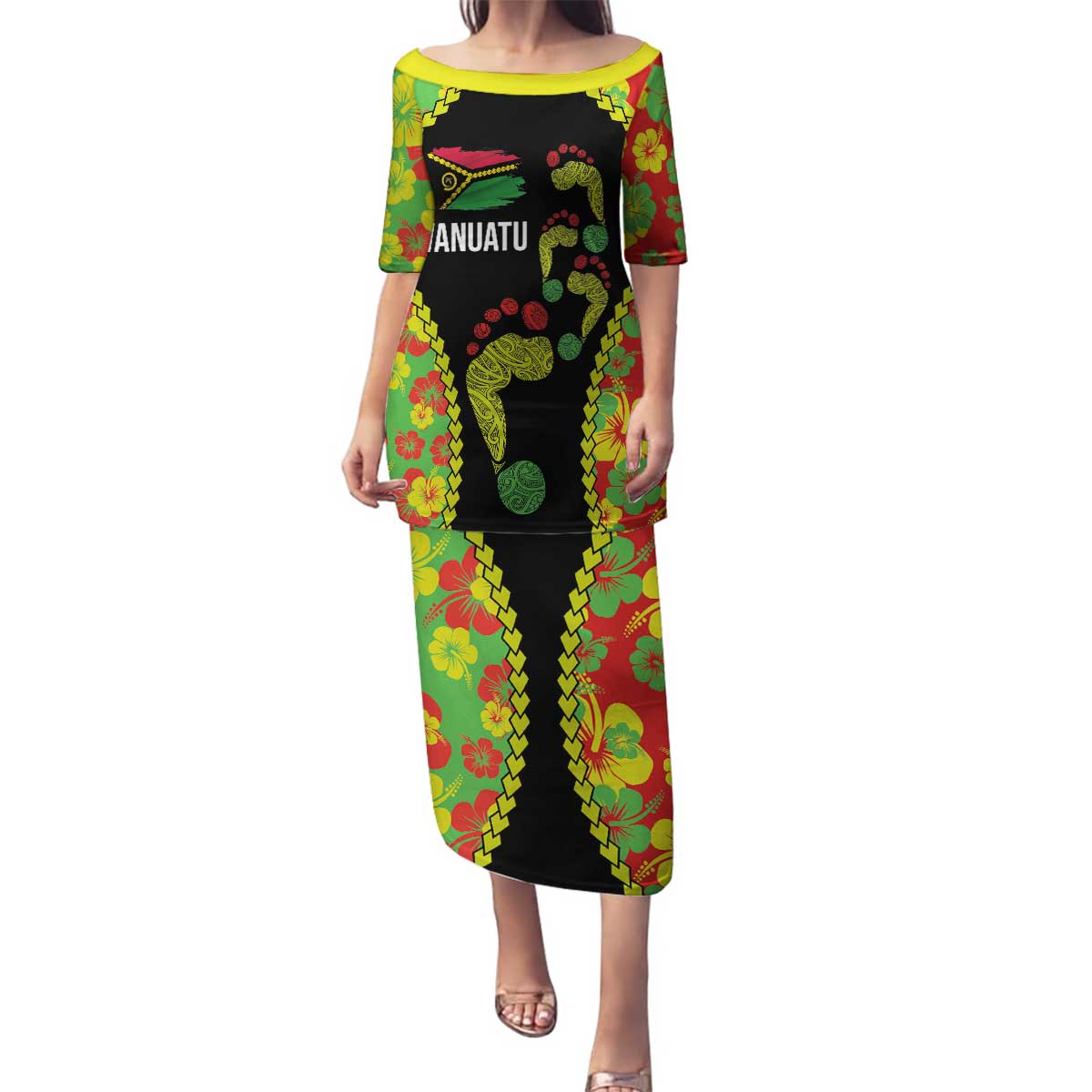 Personalised Vanuatu Running Family Matching Puletasi and Hawaiian Shirt Footprint and Hibiscus Polynesian Style