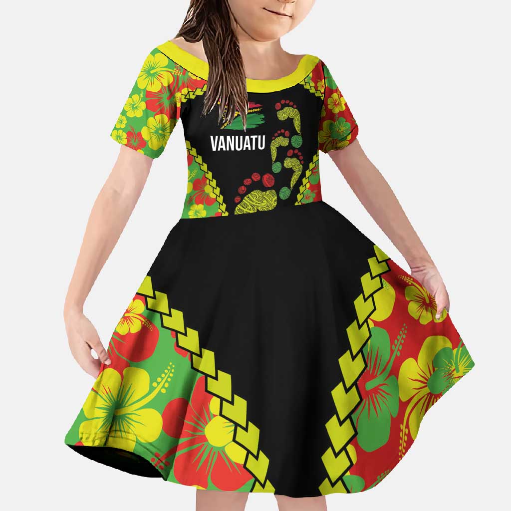 Personalised Vanuatu Running Family Matching Short Sleeve Bodycon Dress and Hawaiian Shirt Footprint and Hibiscus Polynesian Style LT03 Daughter's Dress Black - Polynesian Pride