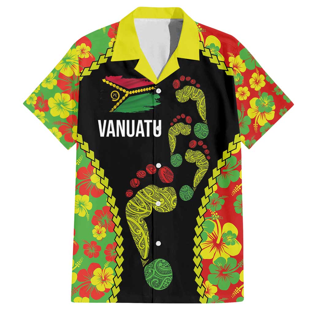 Personalised Vanuatu Running Family Matching Summer Maxi Dress and Hawaiian Shirt Footprint and Hibiscus Polynesian Style LT03 Dad's Shirt - Short Sleeve Black - Polynesian Pride