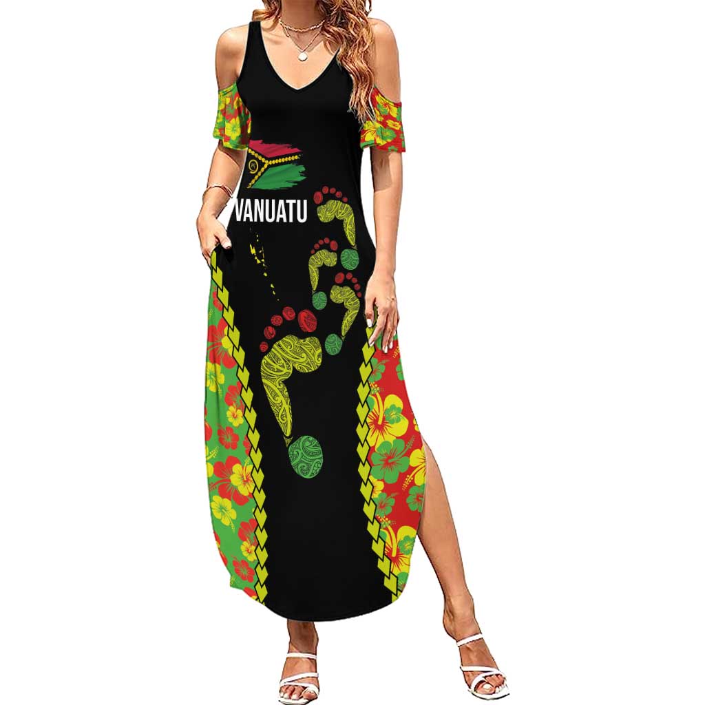 Personalised Vanuatu Running Family Matching Summer Maxi Dress and Hawaiian Shirt Footprint and Hibiscus Polynesian Style LT03 Mom's Dress Black - Polynesian Pride