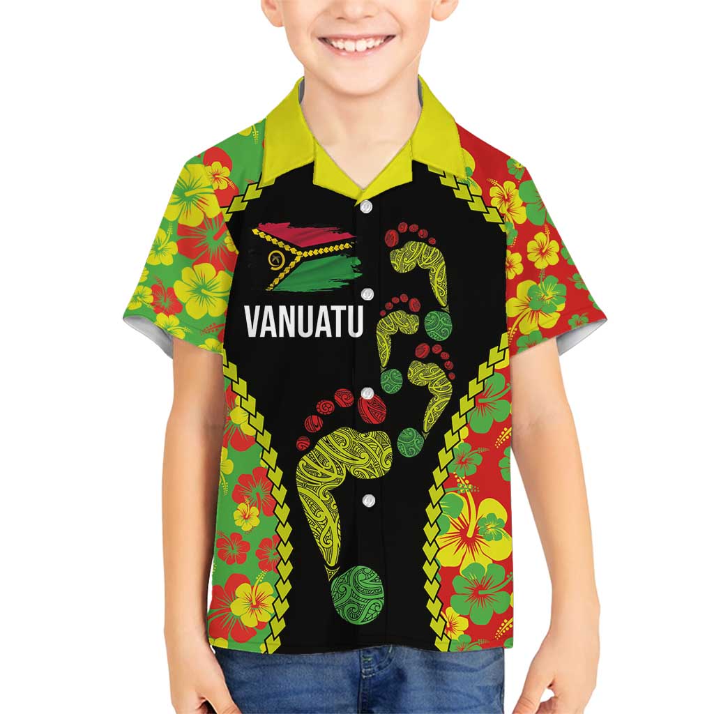Personalised Vanuatu Running Family Matching Summer Maxi Dress and Hawaiian Shirt Footprint and Hibiscus Polynesian Style LT03 Son's Shirt Black - Polynesian Pride