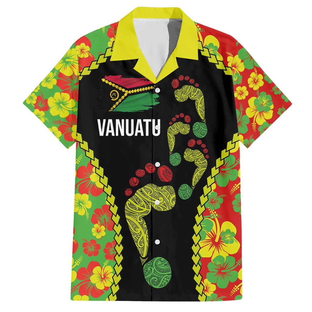 Personalised Vanuatu Running Hawaiian Shirt Footprint and Hibiscus Polynesian Style LT03 Black - Polynesian Pride