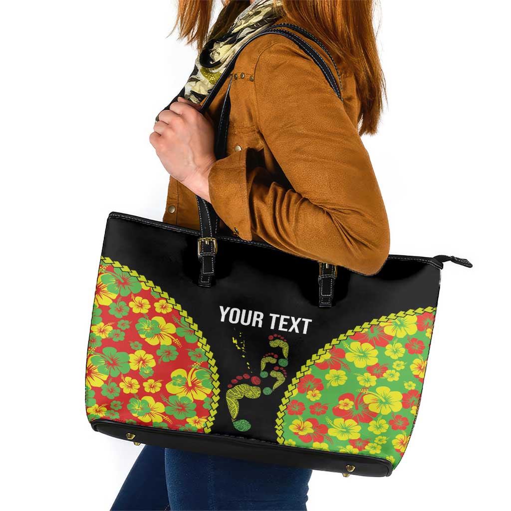 Personalised Vanuatu Running Leather Tote Bag Footprint and Hibiscus Polynesian Style LT03 Black - Polynesian Pride