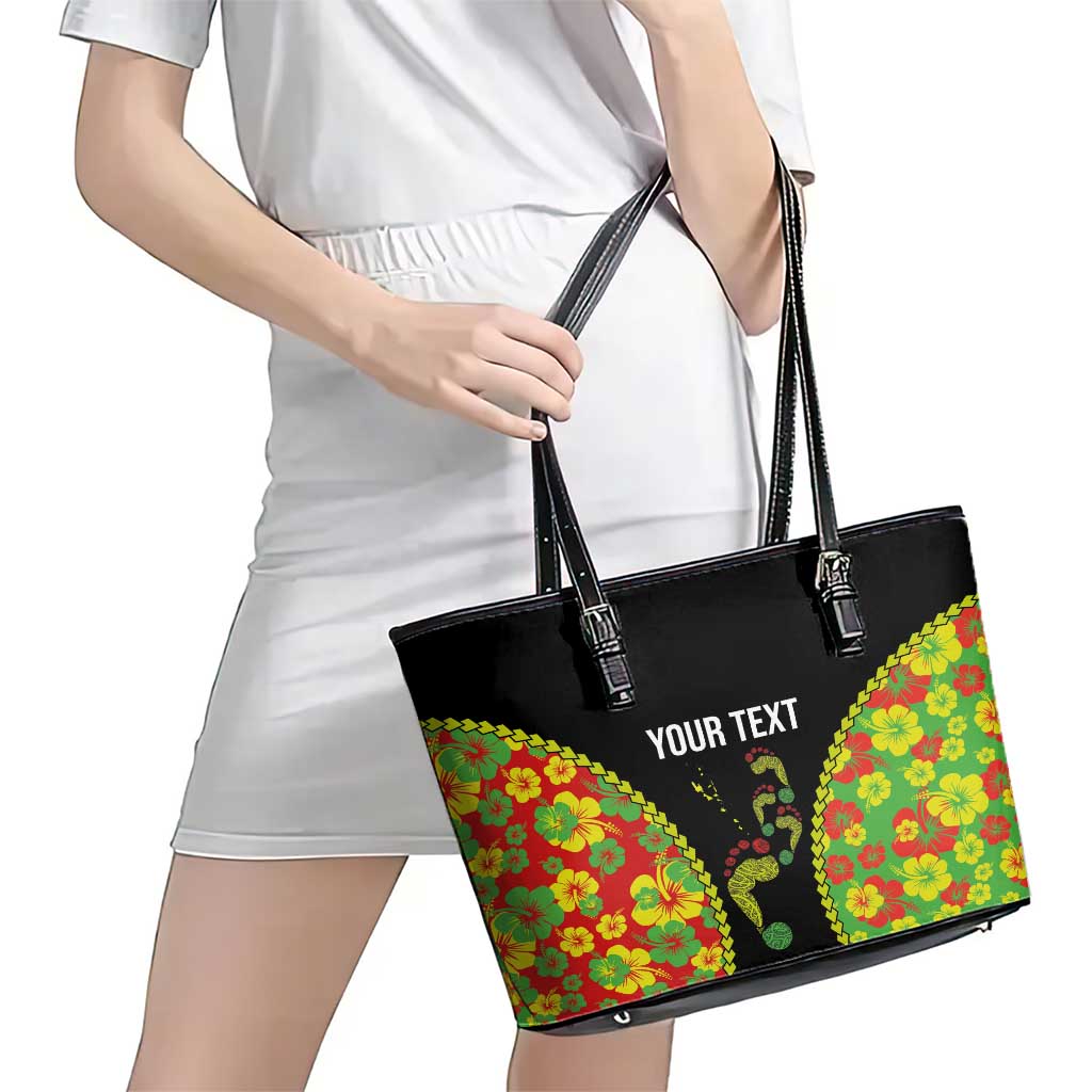 Personalised Vanuatu Running Leather Tote Bag Footprint and Hibiscus Polynesian Style LT03 - Polynesian Pride