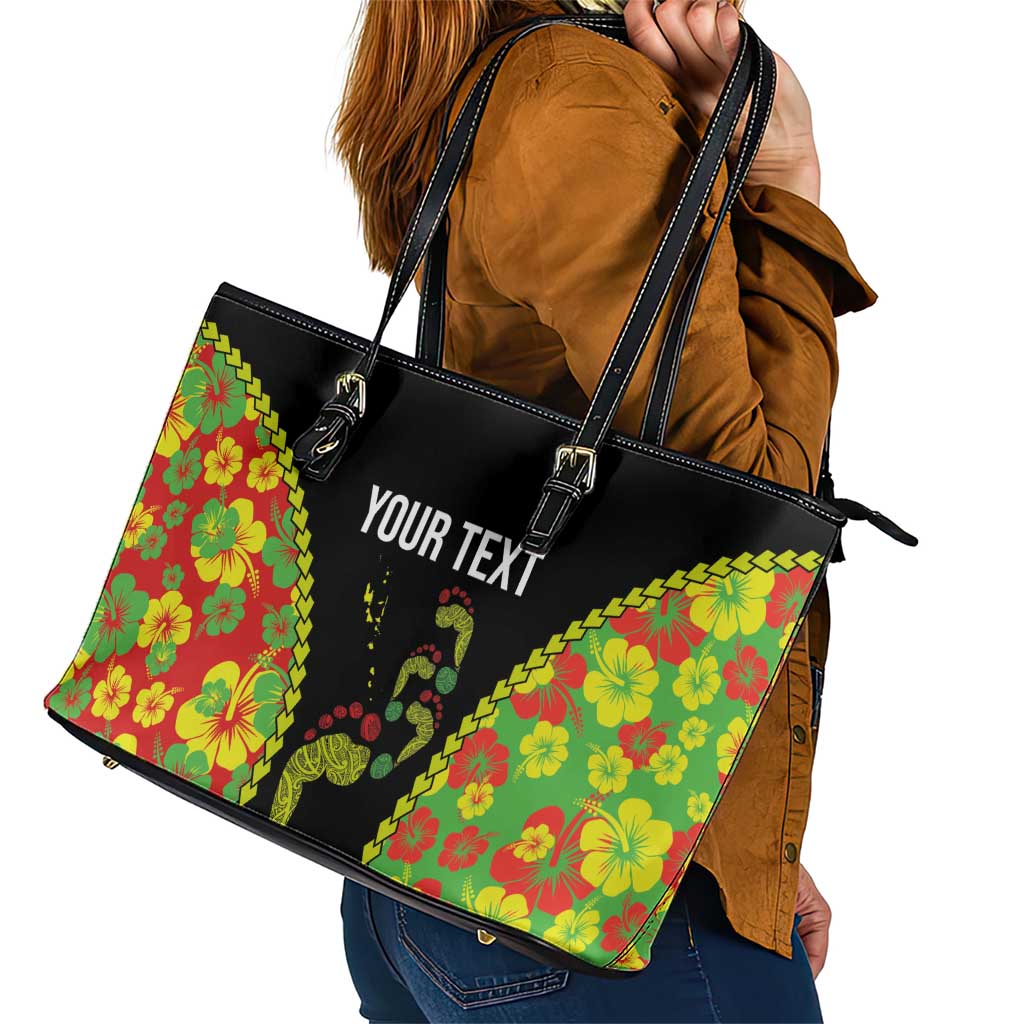 Personalised Vanuatu Running Leather Tote Bag Footprint and Hibiscus Polynesian Style LT03 - Polynesian Pride