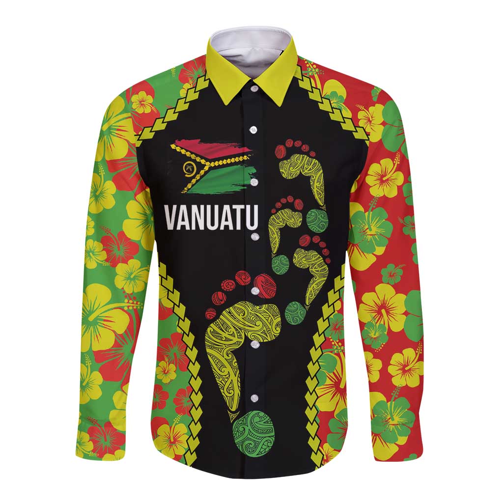 Personalised Vanuatu Running Long Sleeve Button Shirt Footprint and Hibiscus Polynesian Style LT03 Unisex Black - Polynesian Pride
