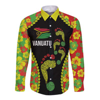 Personalised Vanuatu Running Long Sleeve Button Shirt Footprint and Hibiscus Polynesian Style LT03 Unisex Black - Polynesian Pride