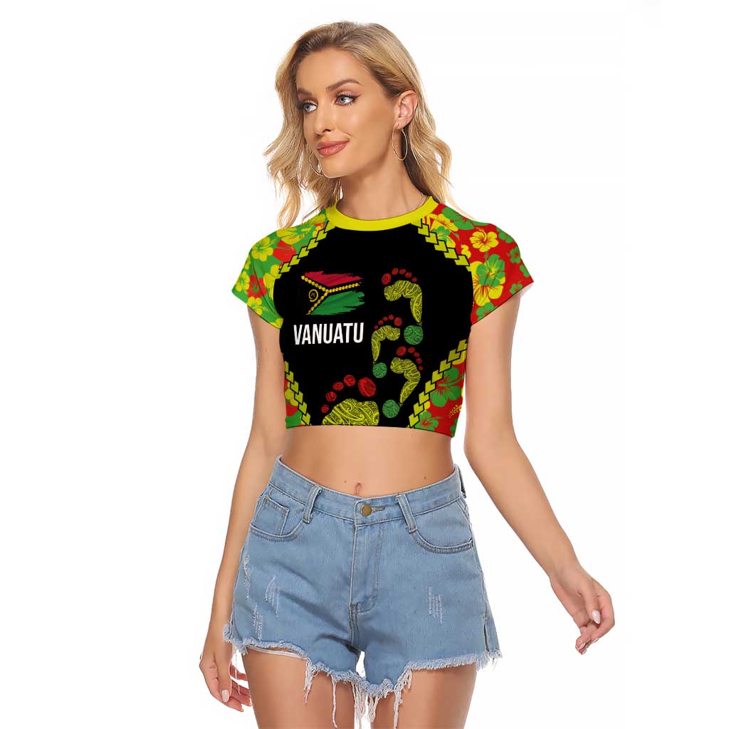 Personalised Vanuatu Running Raglan Cropped T Shirt Footprint and Hibiscus Polynesian Style LT03 Female Black - Polynesian Pride