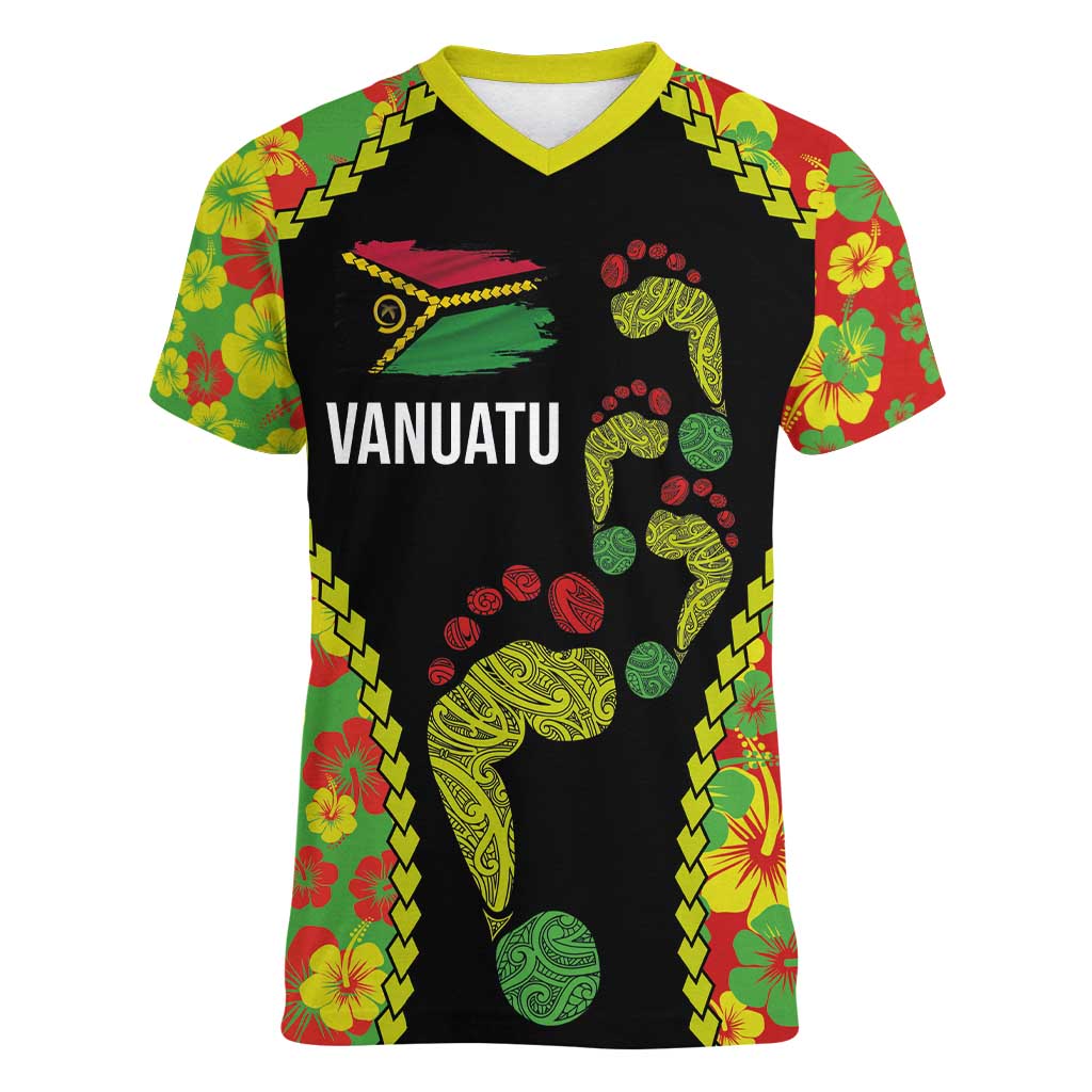 Personalised Vanuatu Running Women V-Neck T-Shirt Footprint and Hibiscus Polynesian Style LT03 Female Black - Polynesian Pride