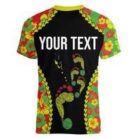 Personalised Vanuatu Running Women V-Neck T-Shirt Footprint and Hibiscus Polynesian Style LT03 - Polynesian Pride