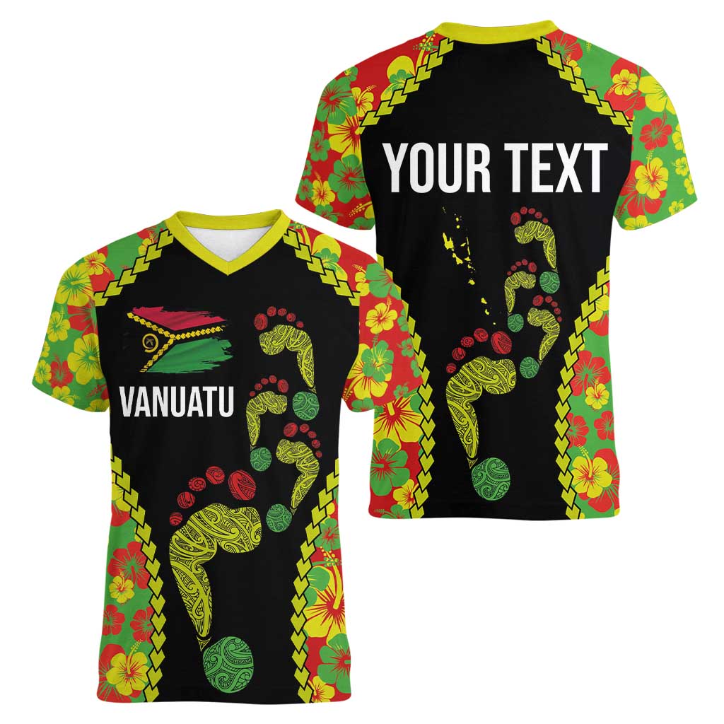 Personalised Vanuatu Running Women V-Neck T-Shirt Footprint and Hibiscus Polynesian Style LT03 - Polynesian Pride