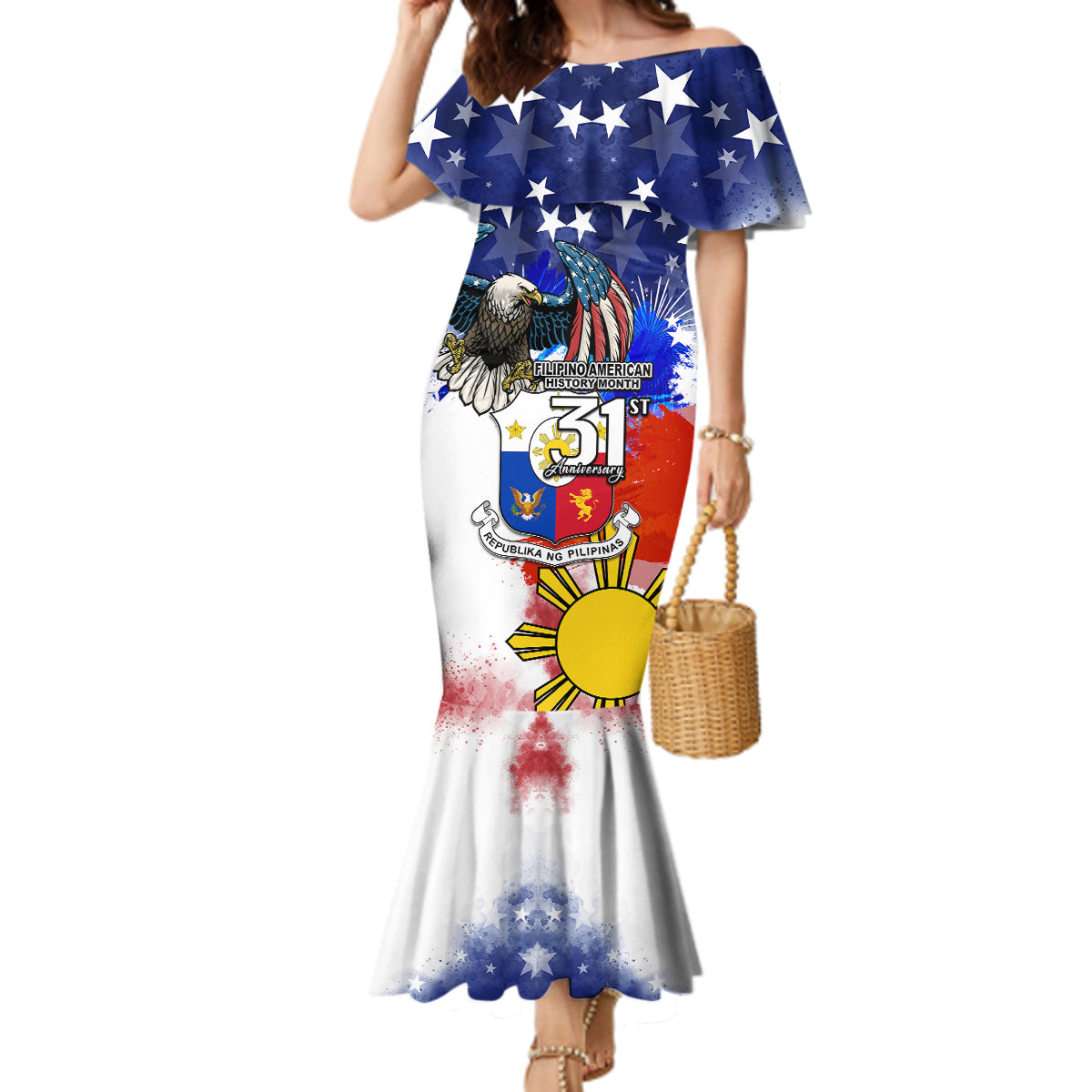 Filipino American History Month Mermaid Dress Filipino Coat Of Arms and American Eagle Splash Style LT03 Women Blue - Polynesian Pride