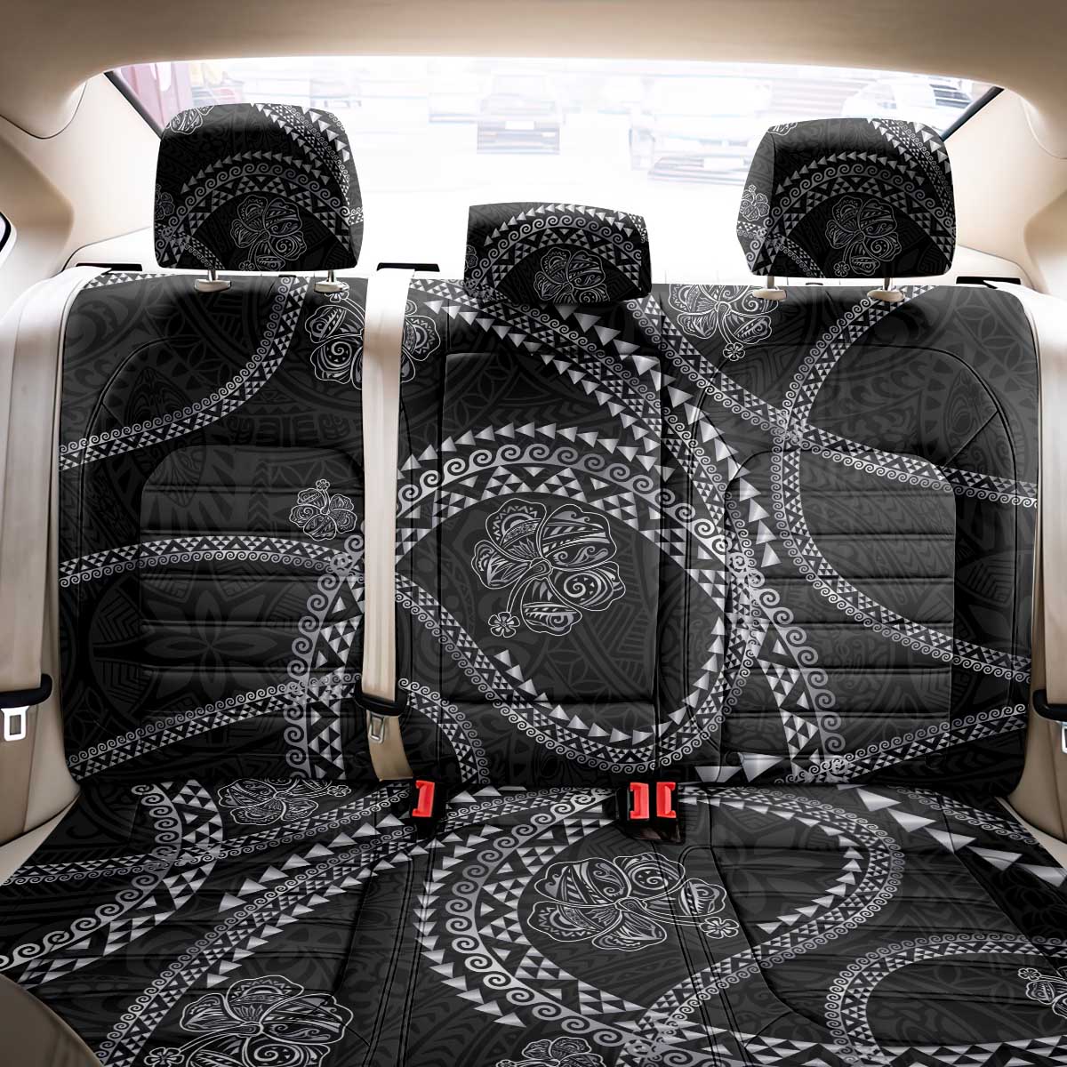 Hawaiian Kakau Art and Hisbiscus Tattoo Back Car Seat Cover Tribal Pattern-Silver Style - Polynesian Pride