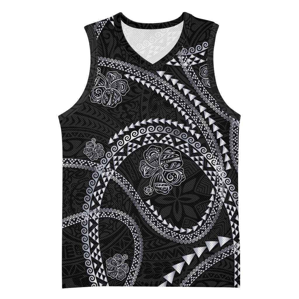 Hawaiian Kakau Art and Hisbiscus Tattoo Basketball Jersey Tribal Pattern-Silver Style - Polynesian Pride