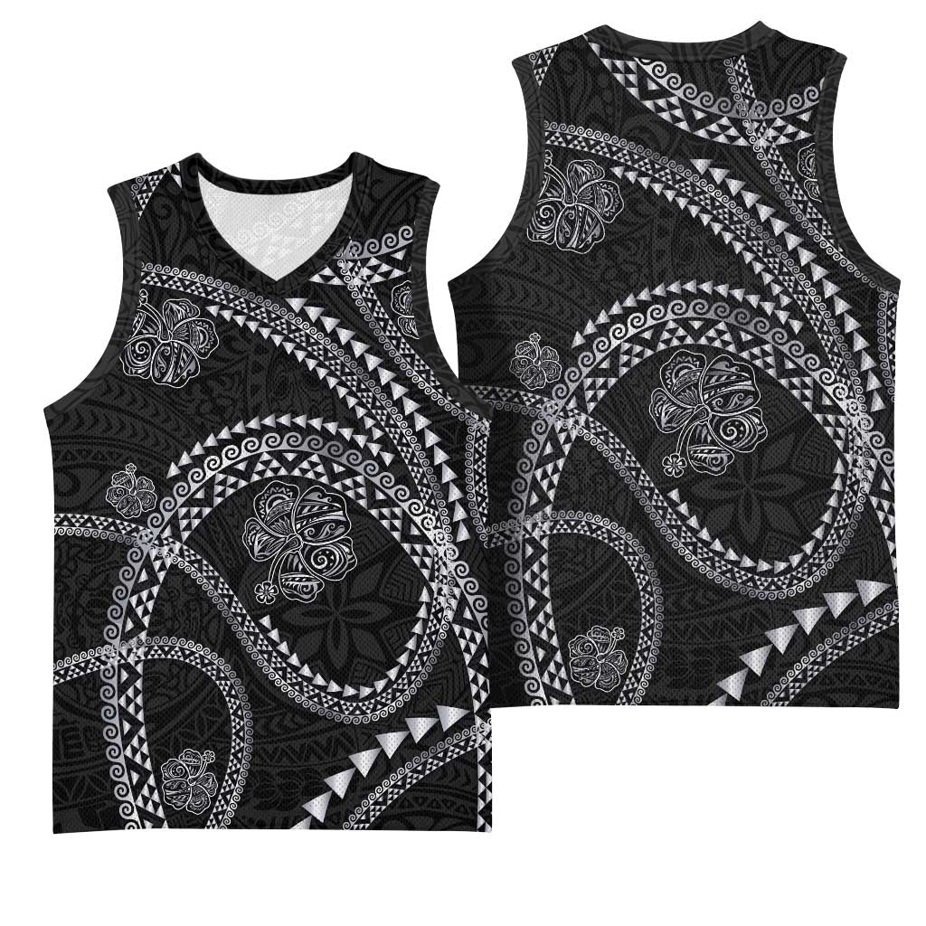 Hawaiian Kakau Art and Hisbiscus Tattoo Basketball Jersey Tribal Pattern-Silver Style - Polynesian Pride