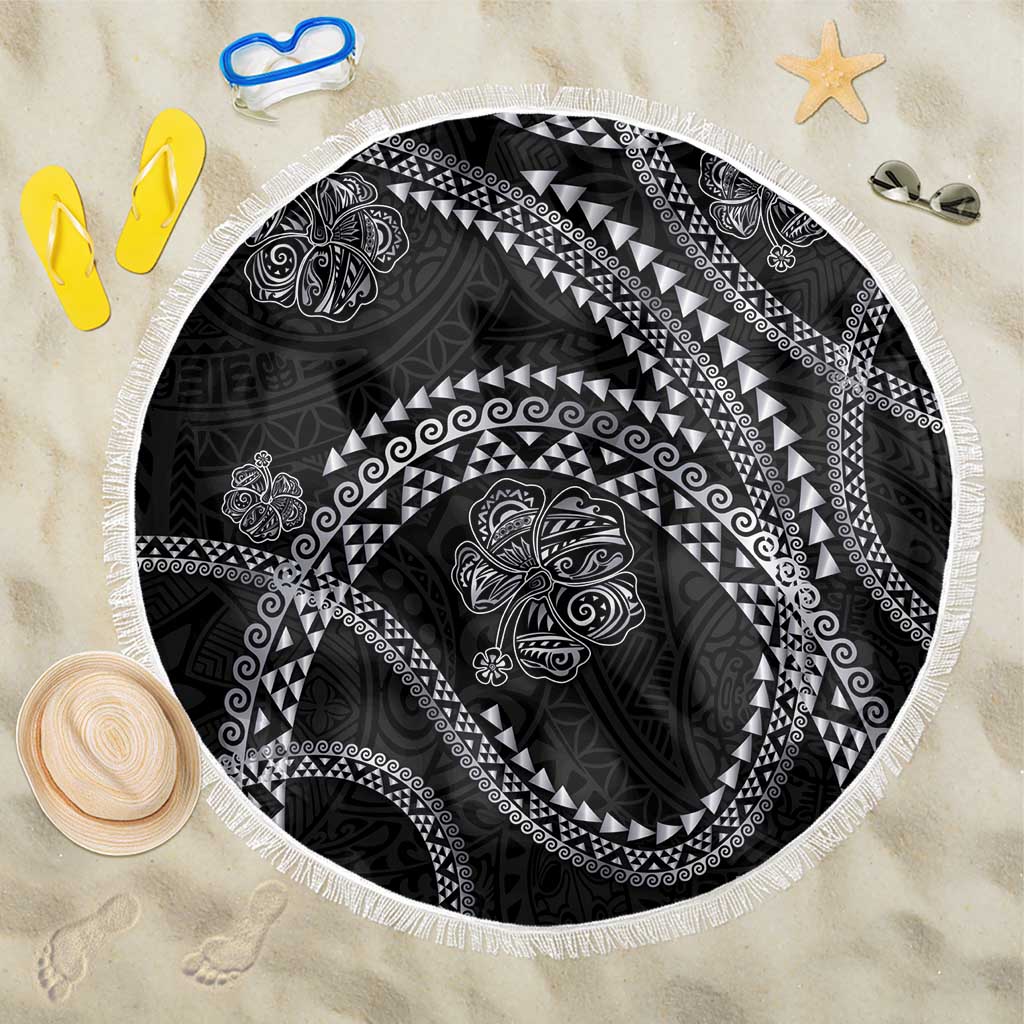 Hawaiian Kakau Art and Hisbiscus Tattoo Beach Blanket Tribal Pattern-Silver Style - Polynesian Pride