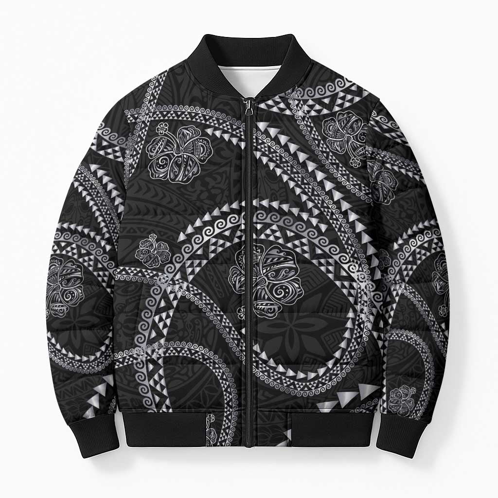 Hawaiian Kakau Art and Hisbiscus Tattoo Bomber Puffer Jacket Tribal Pattern-Silver Style - Polynesian Pride