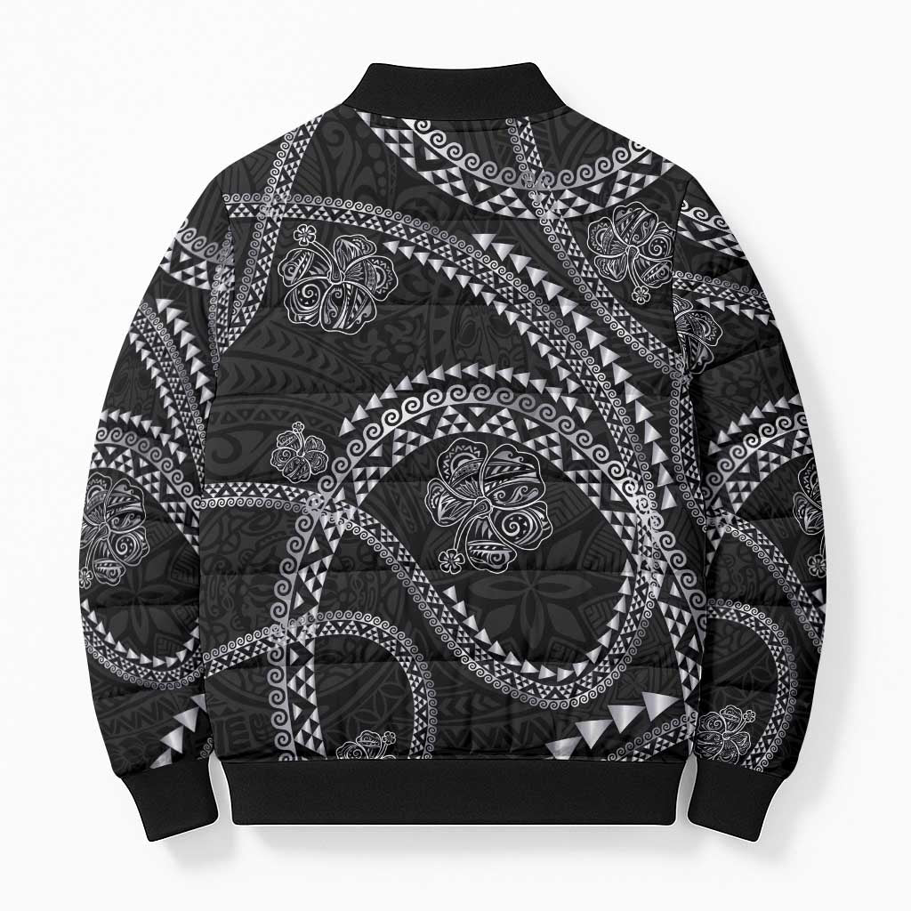 Hawaiian Kakau Art and Hisbiscus Tattoo Bomber Puffer Jacket Tribal Pattern-Silver Style - Polynesian Pride