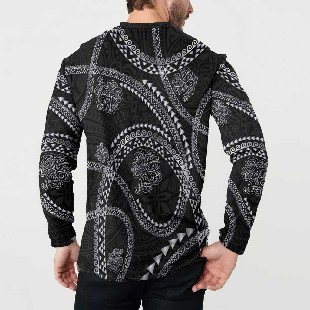 Hawaiian Kakau Art and Hisbiscus Tattoo Button Sweatshirt Tribal Pattern-Silver Style - Polynesian Pride