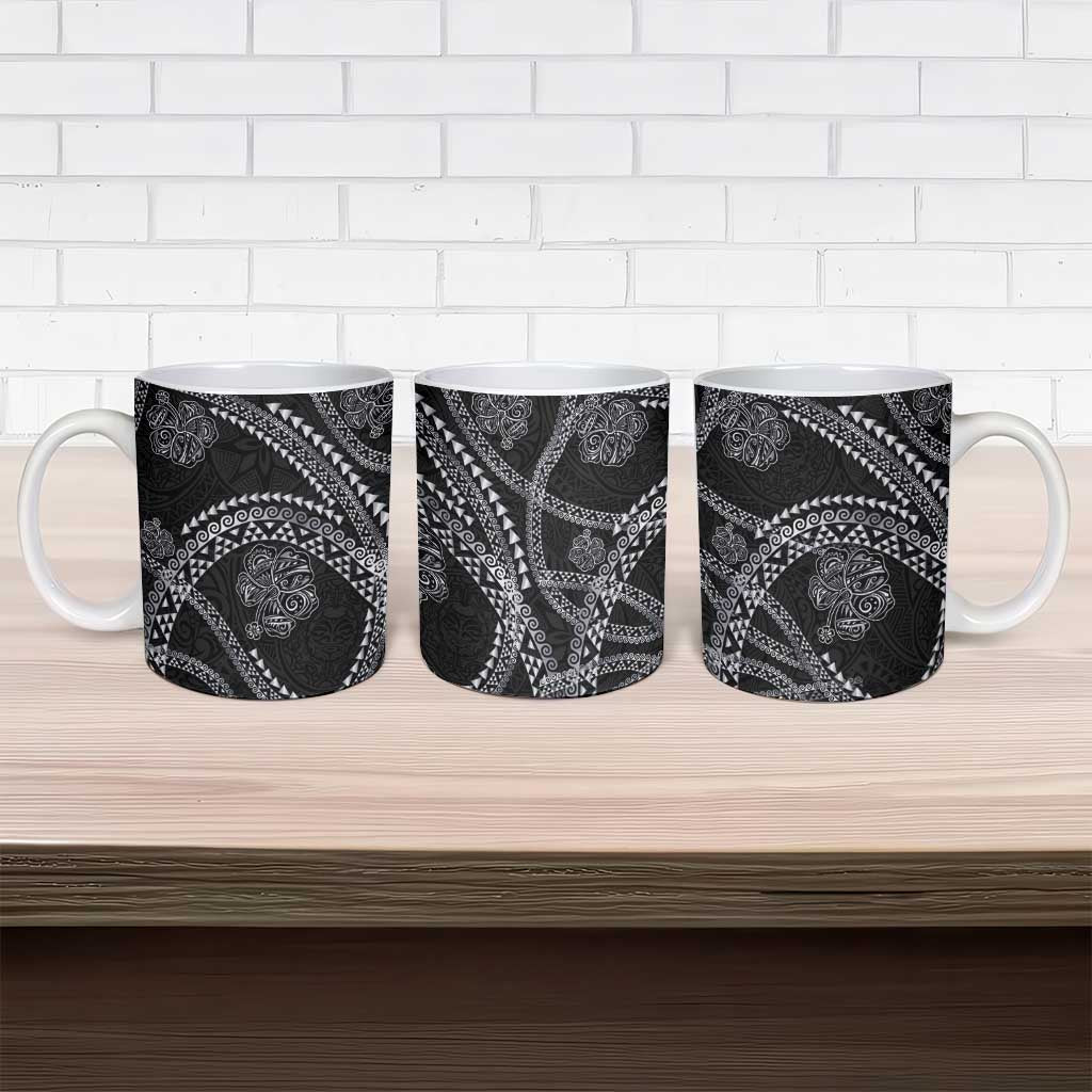 Hawaiian Kakau Art and Hisbiscus Tattoo Ceramic Mug Tribal Pattern-Silver Style - Polynesian Pride